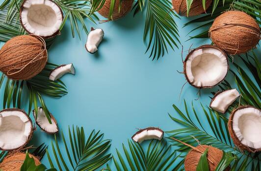 Coconuts and palm leaves on dark background